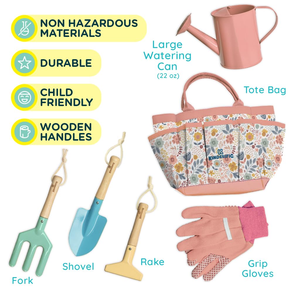 Gardening Set, Tool Kit, for Kids, STEM, Includes Tote Bag, Spade, Watering Can, Rake, Fork, Trowel and Gloves (Petal)