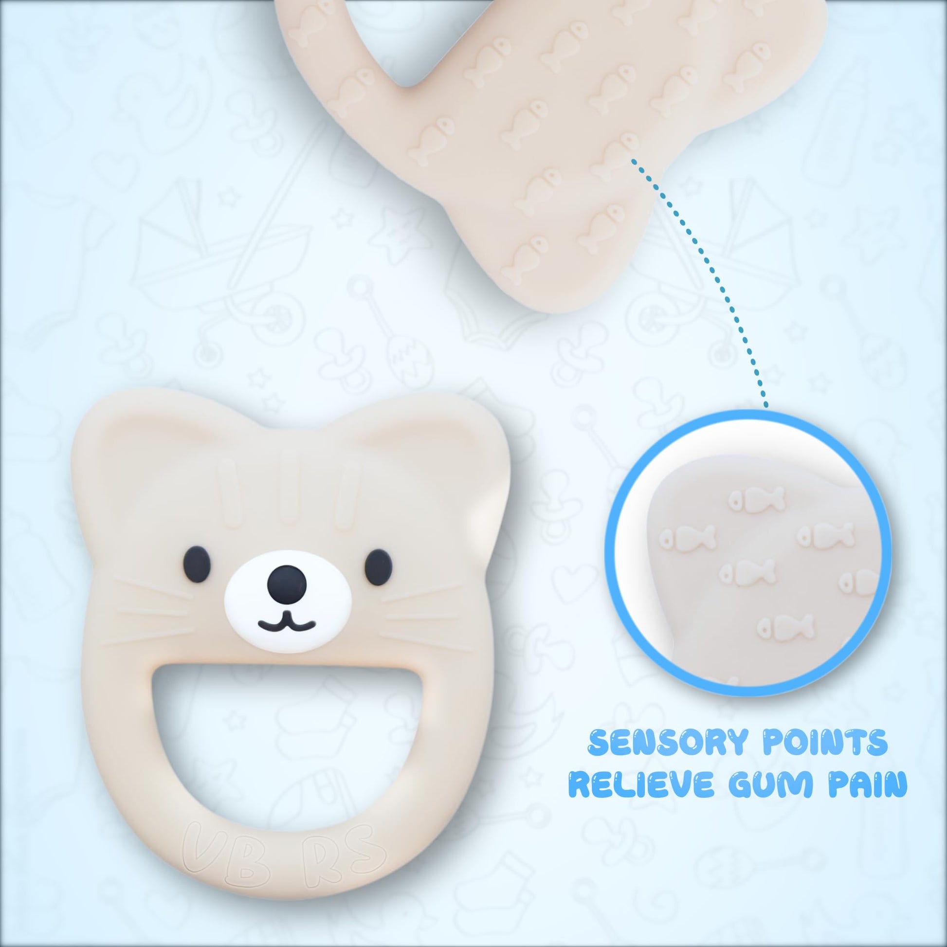 VBRS Baby Teether, Safe Chew Toy for Infants, Soothing Relief for Teething Pain, Cute Animal Shape, Easy Grip for Tiny Hands (Beige Cat)