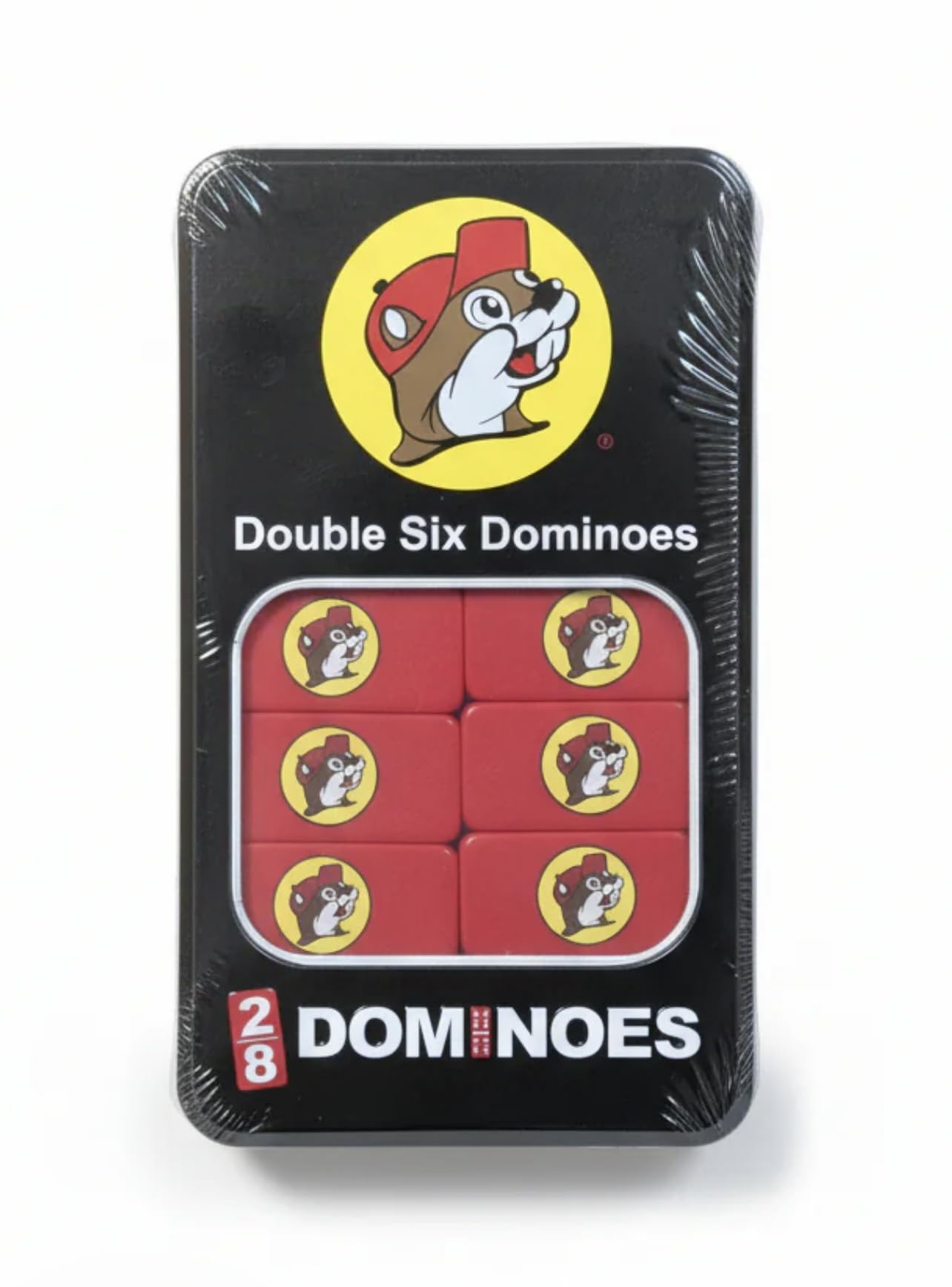 Buc-ee's Dominoes Set, 28 Pieces, Red and Black Storage Tin