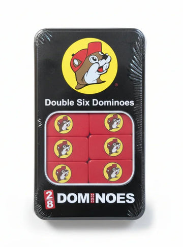 Buc-ee's Dominoes Set, 28 Pieces, Red and Black Storage Tin
