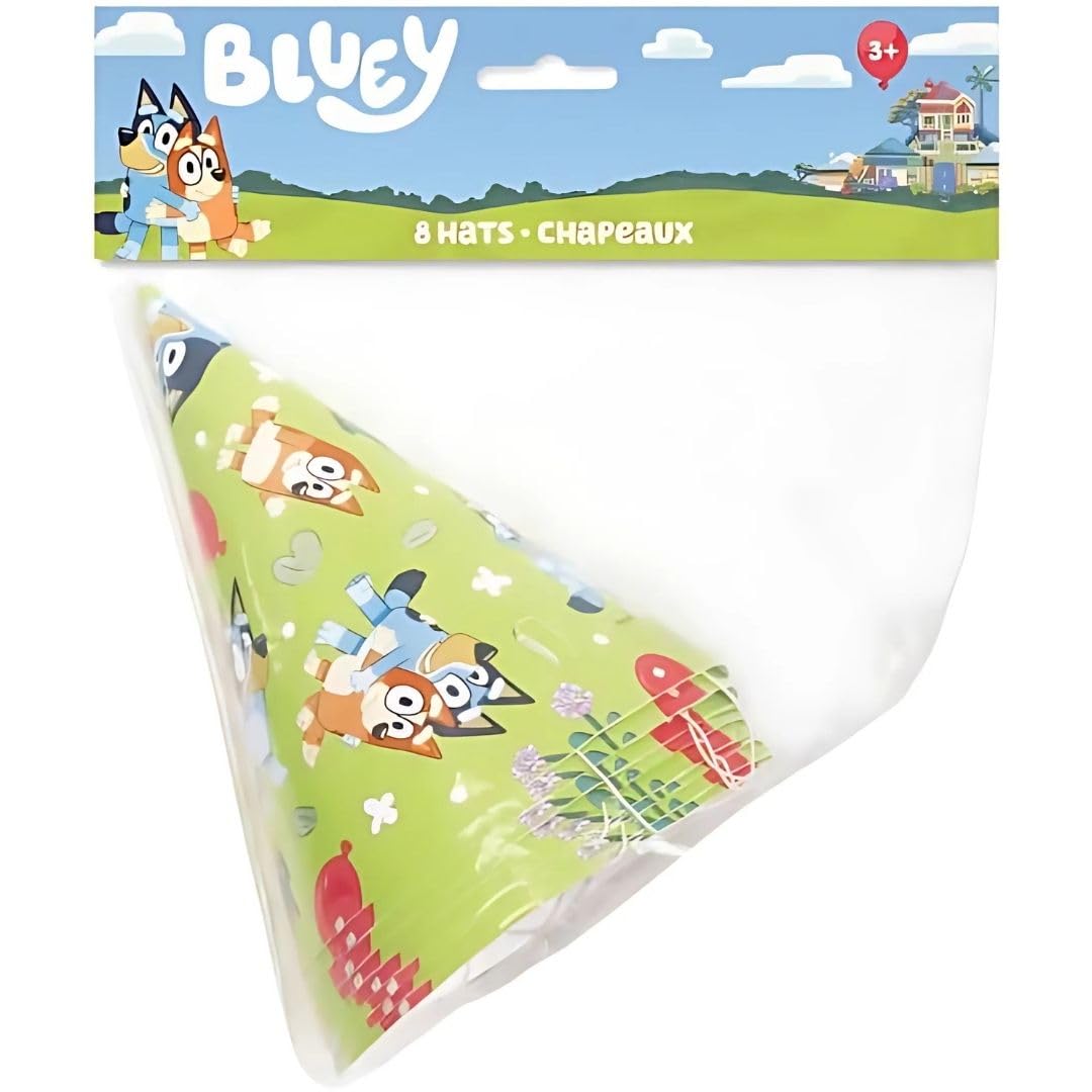 Unique Multicolor Bluey Party Hats - 8 Count | Vibrant Paper Hats with Unique Bluey Designs - Perfect for Kids' Birthdays & Celebrations, One Size