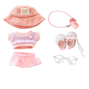 6-Piece Clothes for 17cm Dolls - Cute Hat, Glasses, Water Bottle, Sweater, Skirt & Canvas Shoes - Premium Doll Outfit Accessories for Creative Play &