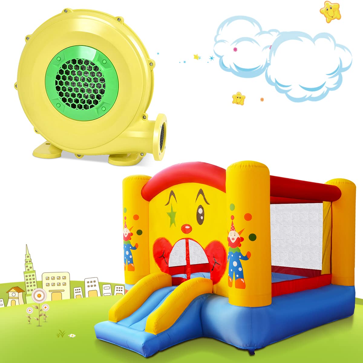 DPThouse Bounce House Blower 735 Watt 1.0HP for Inflatable Bounce House Bouncy Castle, Yellow+Green, Small
