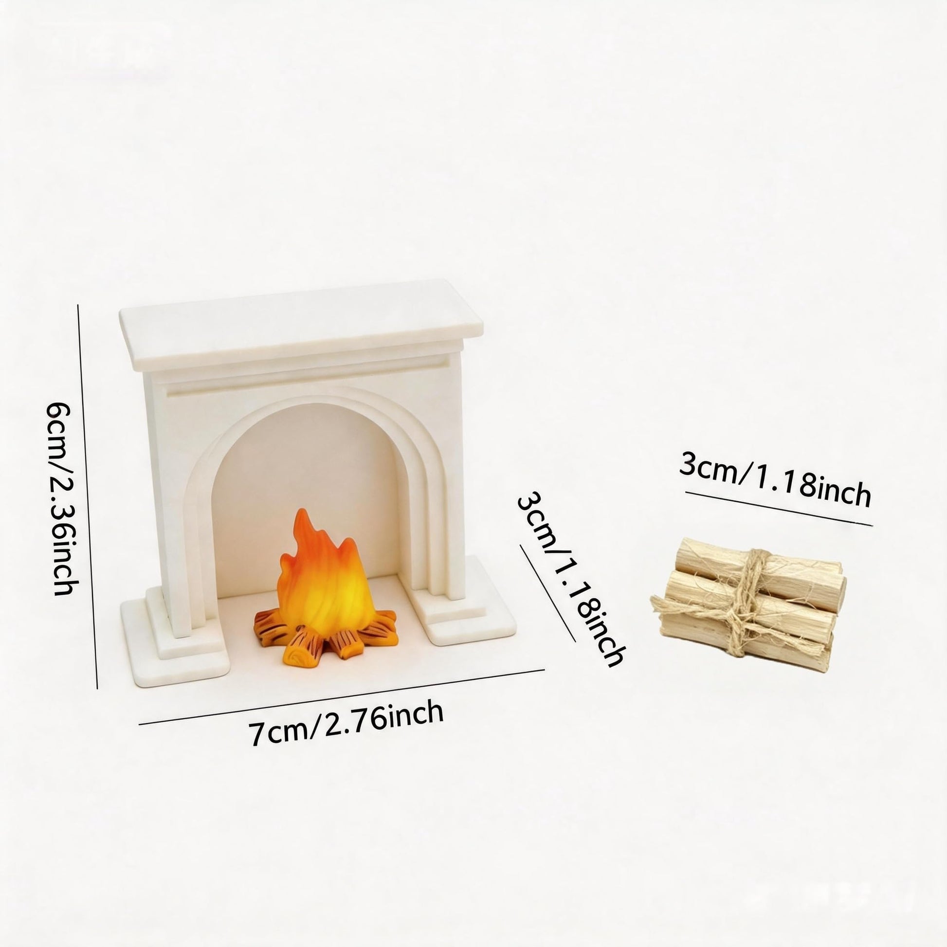 3 Pack Dollhouse Decoration, 1:12 Miniature Fireplace Set with Flame Effect, Desktop Model with Log Bundle, Arch Design (White)