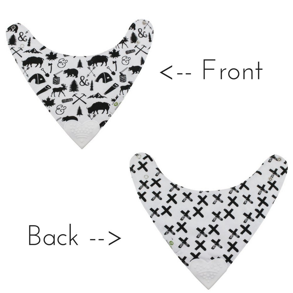 Pickle & Olive Reversible Baby Teething Bibs - Attached Heart Shaped Teether - Monochrome - Set of 2