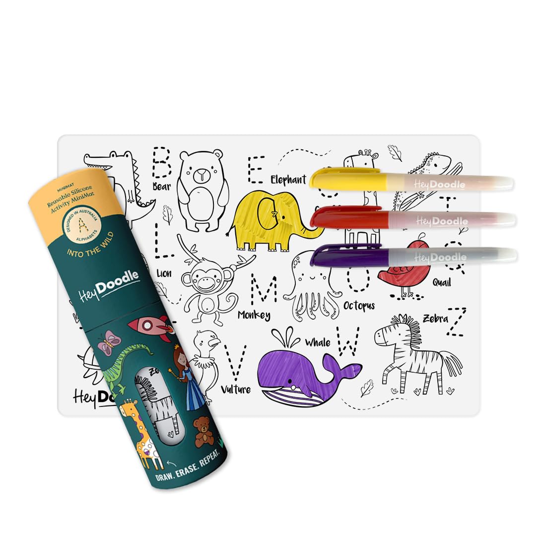 HeyDoodle Into The Wild Mini - Reusable Silicone Alphabet Coloring Mat for Toddlers and Kids - Educational Animal Activity Pad with 3 Dry Erase