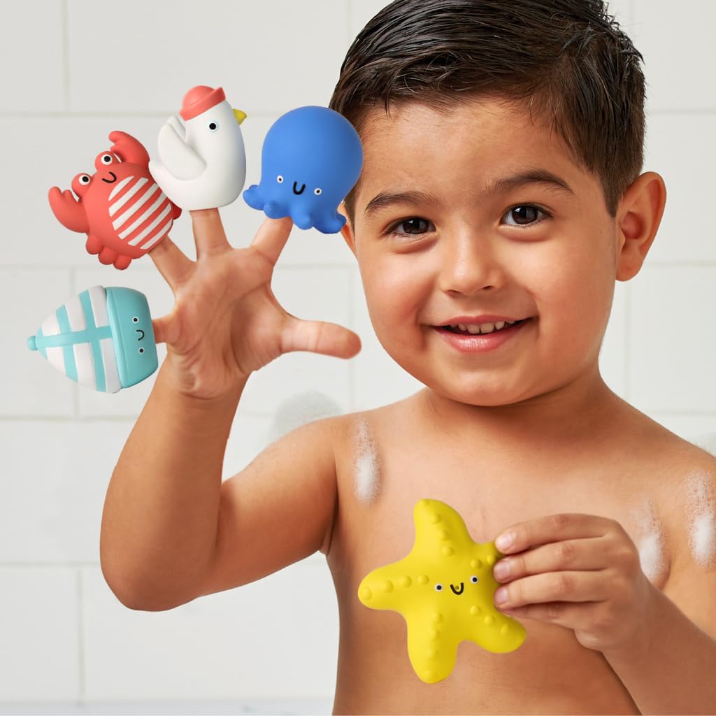 Itzy Ritzy Finger Puppet Bath Toy Set- 5-Piece Set Includes 4 Soft Finger Puppets & 1 Water-Squirting Bath Toy - Fun Characters Offer Interactive