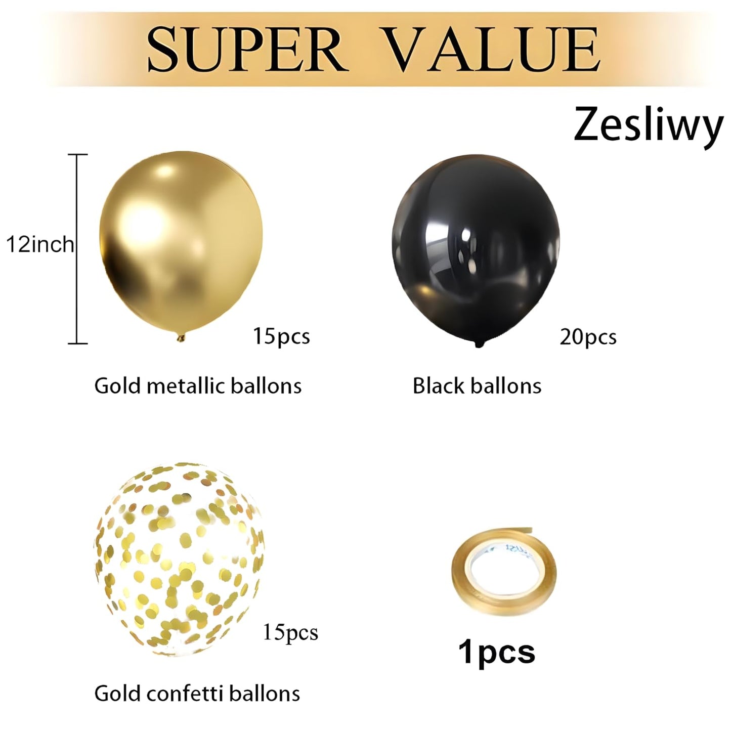 Zesliwy Black and Gold Confetti Balloons,50pcs 12In,Latex,Party Decor