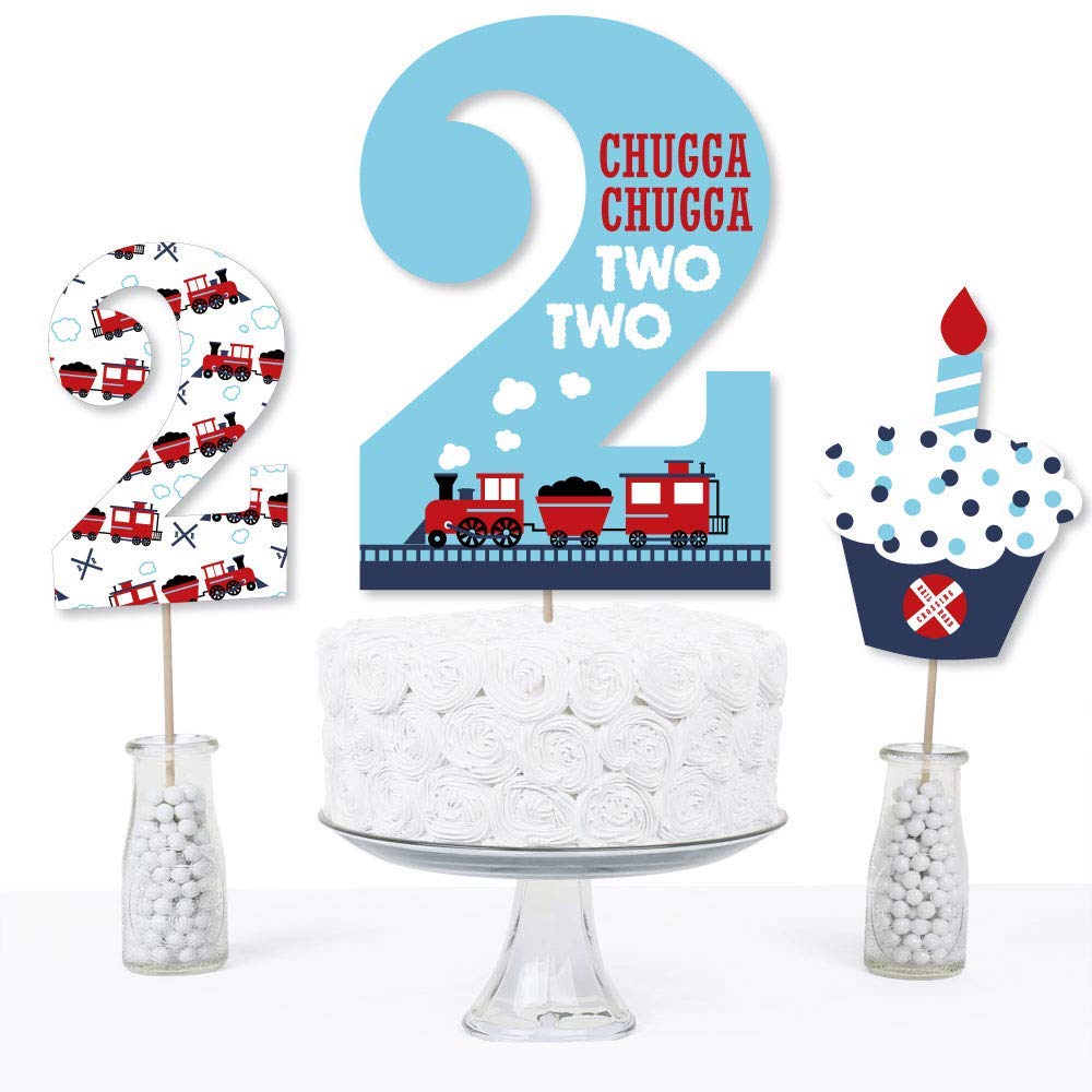 Big Dot of Happiness 2nd Birthday Railroad Party Crossing - Steam Train Second Birthday Party Centerpiece Sticks - Table Toppers - Set of 15
