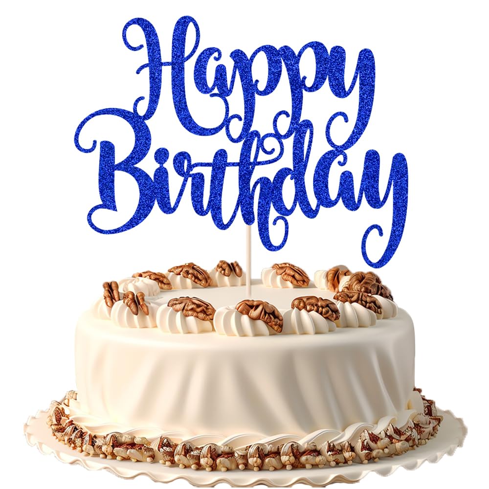 FmiyunEea Happy Birthday Cake Topper- Glitter Happy Birthday Cake Decor, Handmade Anniversary/Birthday Party Supplies (Deep blue)