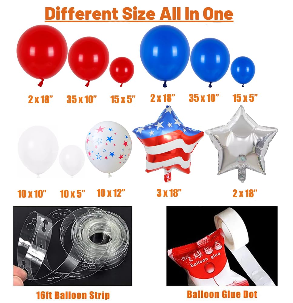 Beaumode 4th july Balloon Arch Garland Kit 139pcs Red White Blue Balloons for Independence Day Memorial Day Patriotic Veterans American Flag Day USA