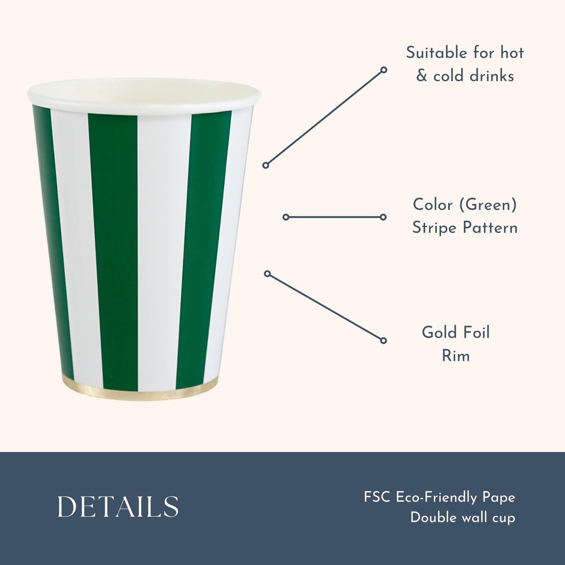 Bonjour Fête Green Cabana Stripe Paper Party Cups | Disposable Cups for Holidays, St. Patrick's Day, Christmas & Birthdays | Premium 12oz Party