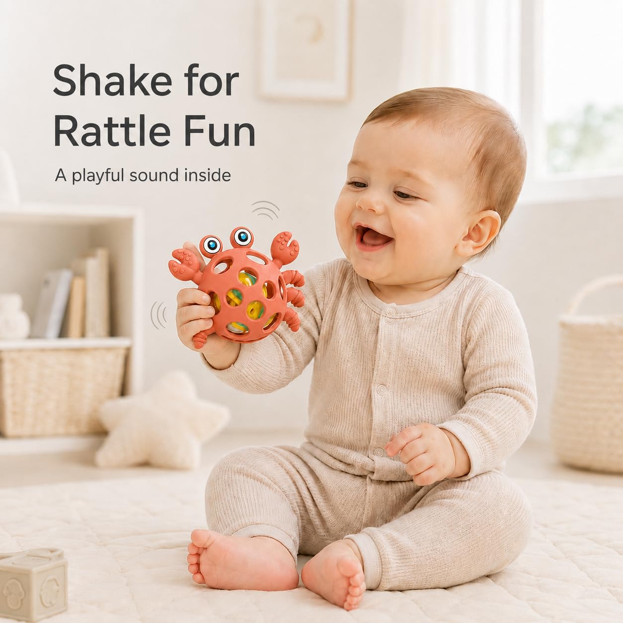 Baby Teething Rattle Toy, 2-in-1 Silicone Teether for Infants 3-12 Months, Easy-Grip Sensory Toy, BPA-Free Food-Grade Silicone