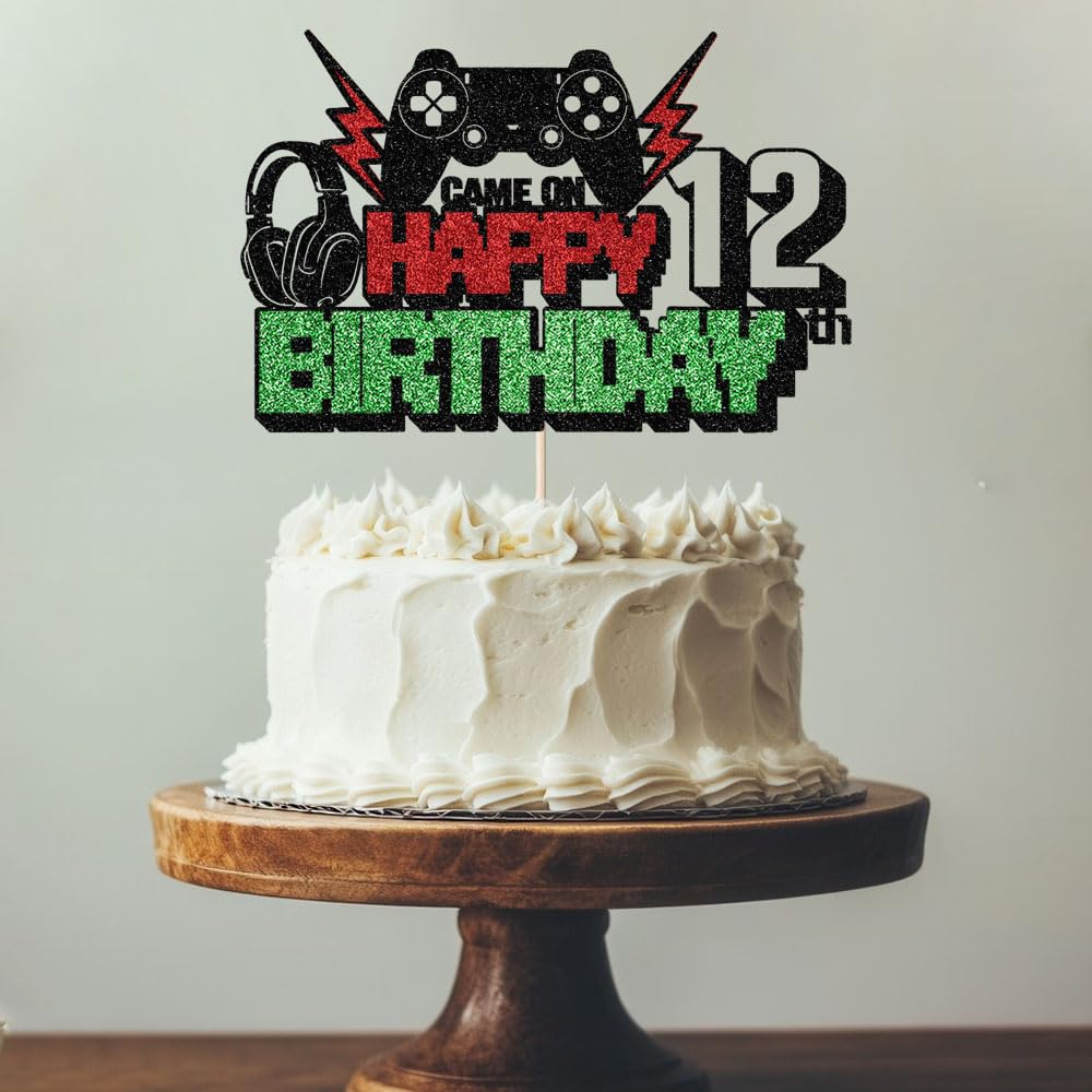 Video Game Happy 12th Birthday Cake Topper,Glitter Gaming Cake Decor,Perfect for Kids/Teens Video Game Theme Birthday Supplies,Boys 12th Birthday