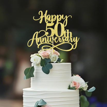 Dxsdgetue Gold Glitter Happy 50th Anniversary Cake Toppers - Wedding Anniversary Party, Company Anniversary Party, 50th Birthday Selected Decorations