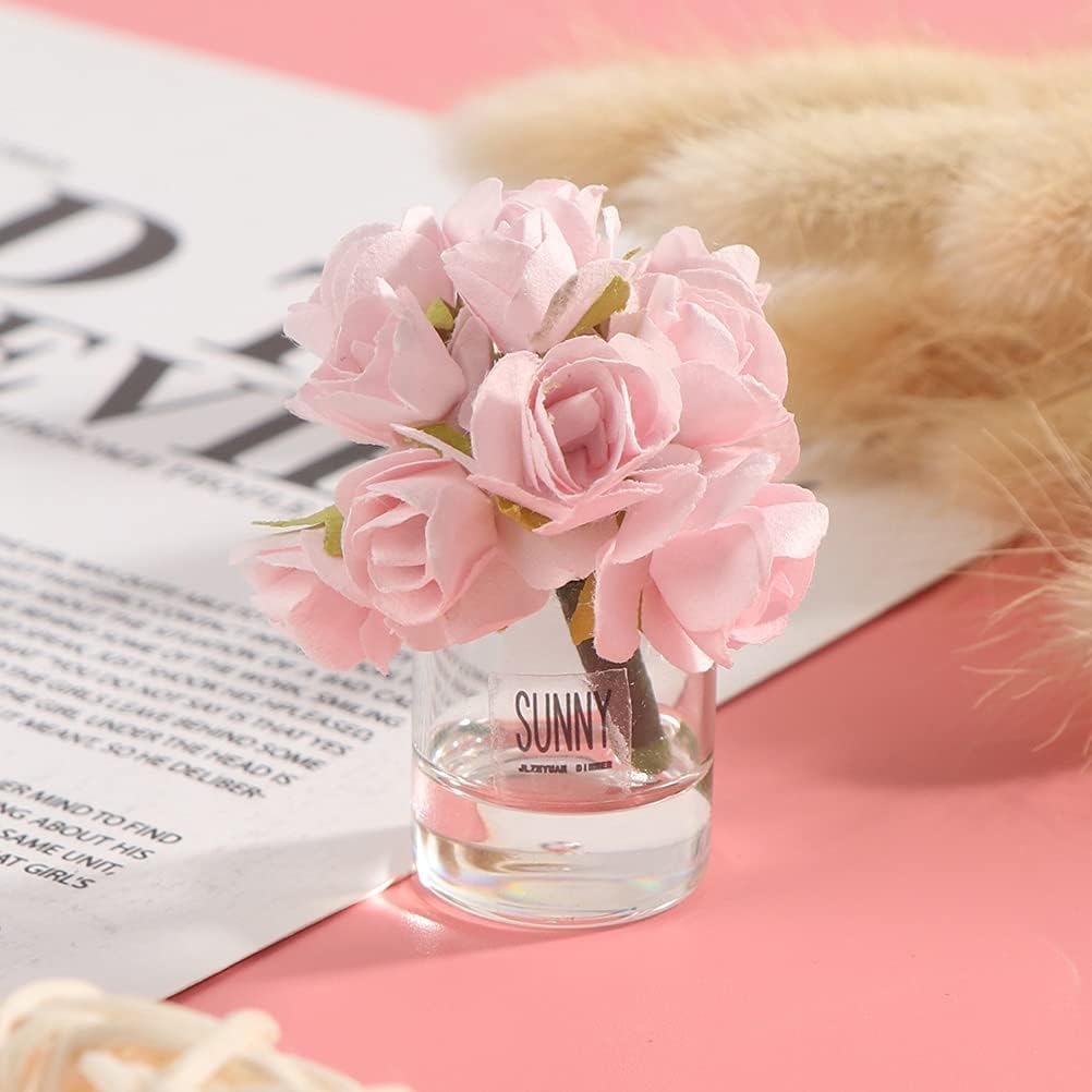 2 Pcs Pink Dollhouse Miniature Flowers Dollhouse Mini Vase with Flower Dolls House Flower Glass Vase 1:12 Scale Dollhouse Miniature Flower in Vase