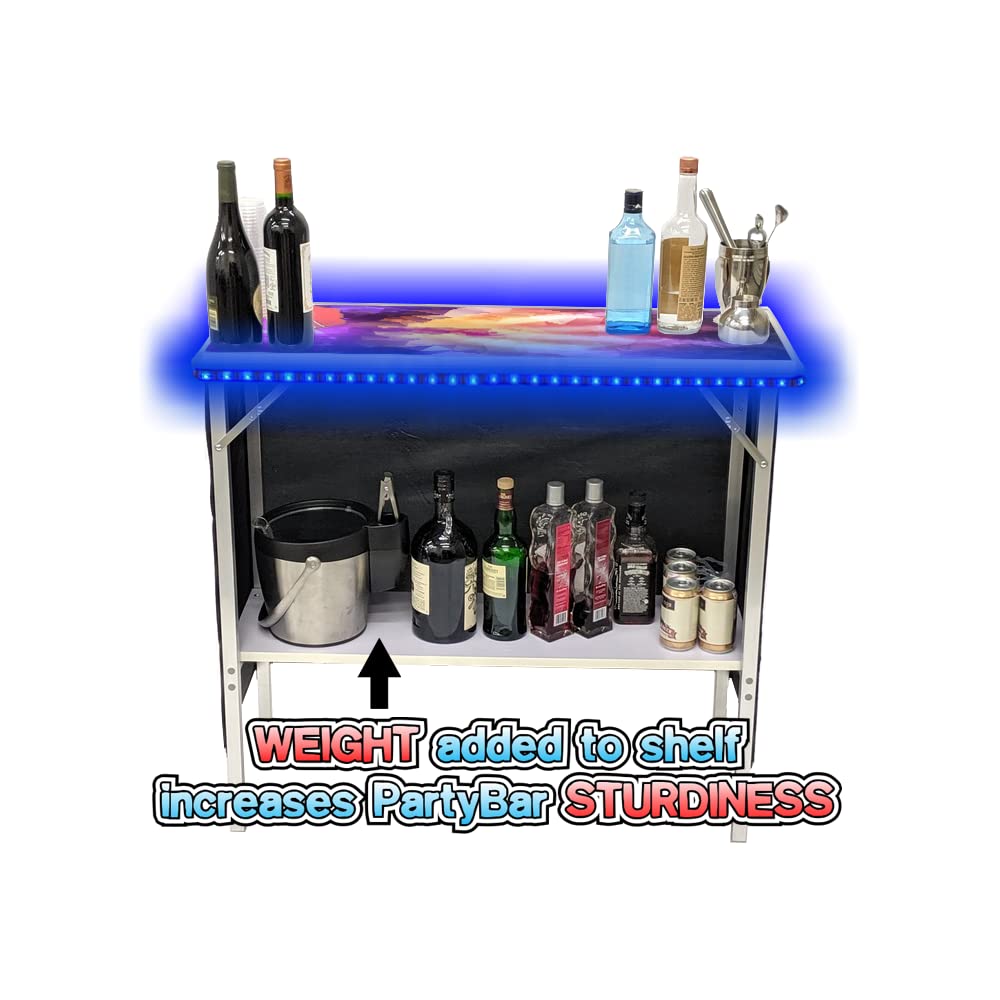 Folding Portable Party Bar w/Patented Multi-Color LED Lights, Prism Graphic, Black Skirt, and Storage Shelf