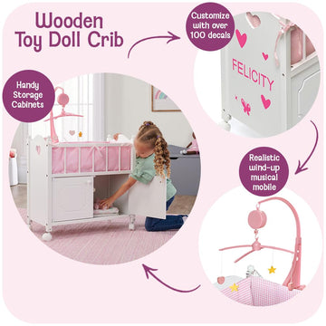Badger Basket Wooden Toy Doll Bed with Storage, Mobile, and Bedding to Pretend and Play - Includes Wheels and Free Personalization Kit - White