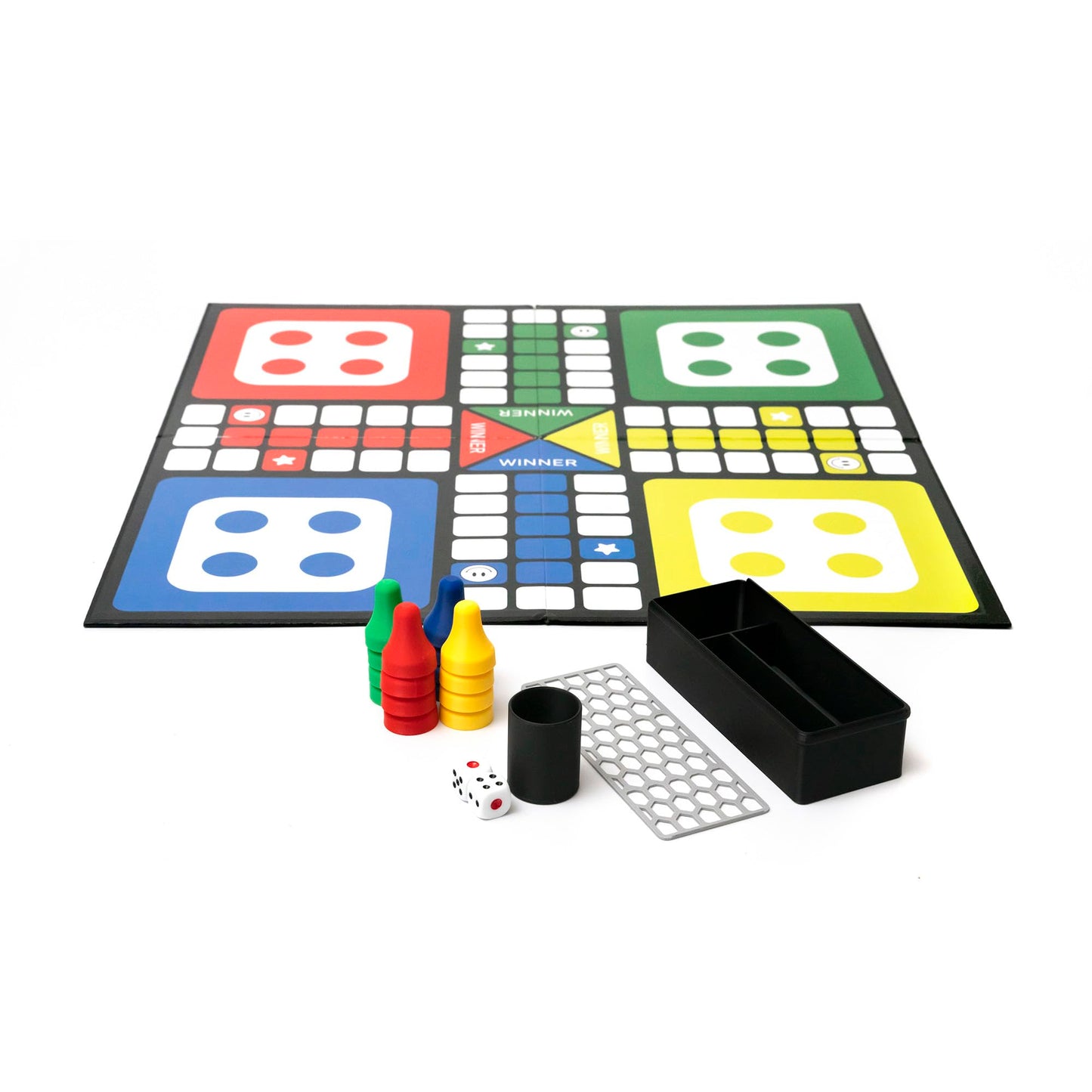 Premium Ludo Board Game Set - 20"x20" Quad-Fold Game Board with 16 Colorful Pawns, Dice Cup, 2 Dice & Storage Box