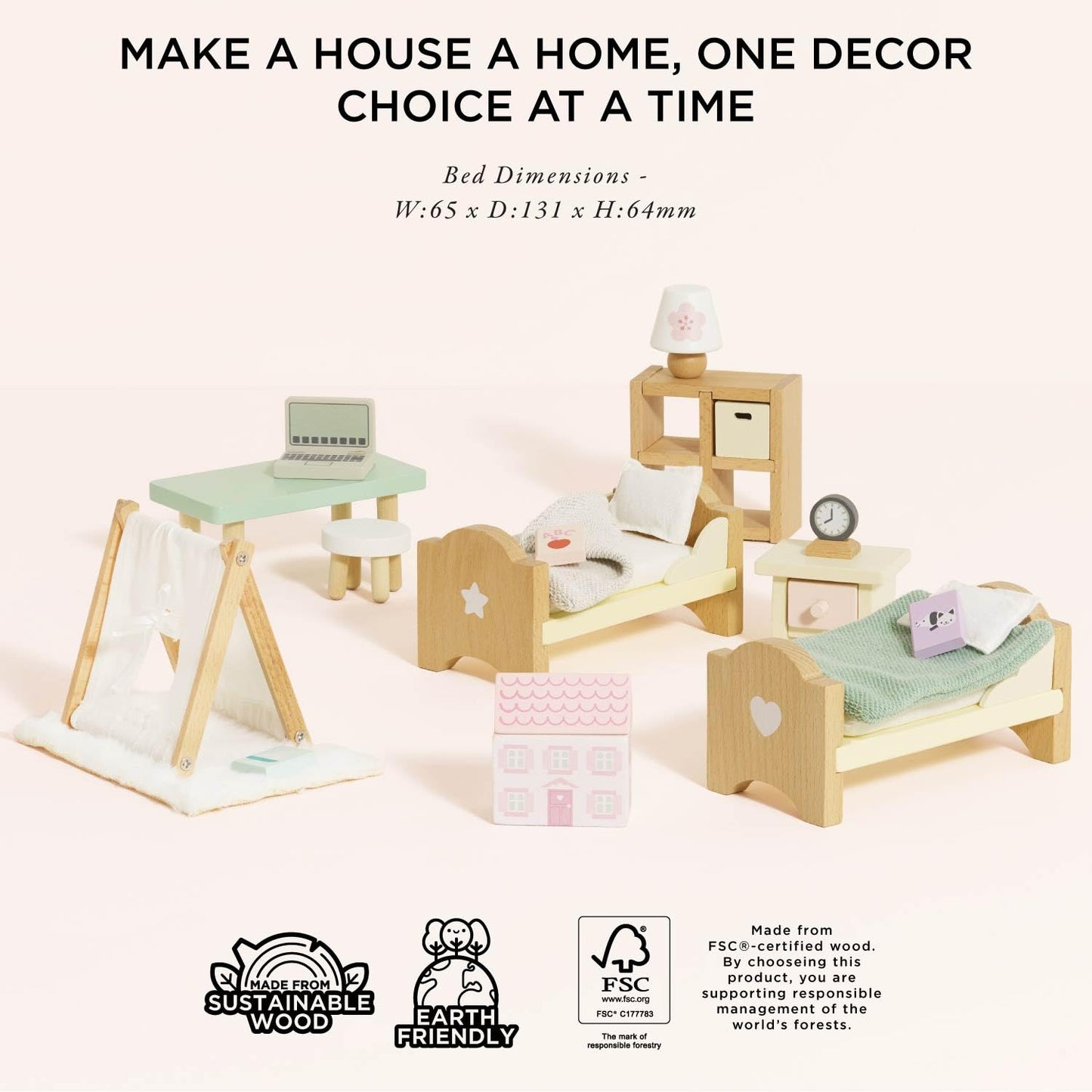 Le Toy Van - SugarPlum Wooden Bedroom Set | Dolls House Accessories Play Set For Dolls Houses | Girls and Boys Doll House Furniture Sets - Suitable