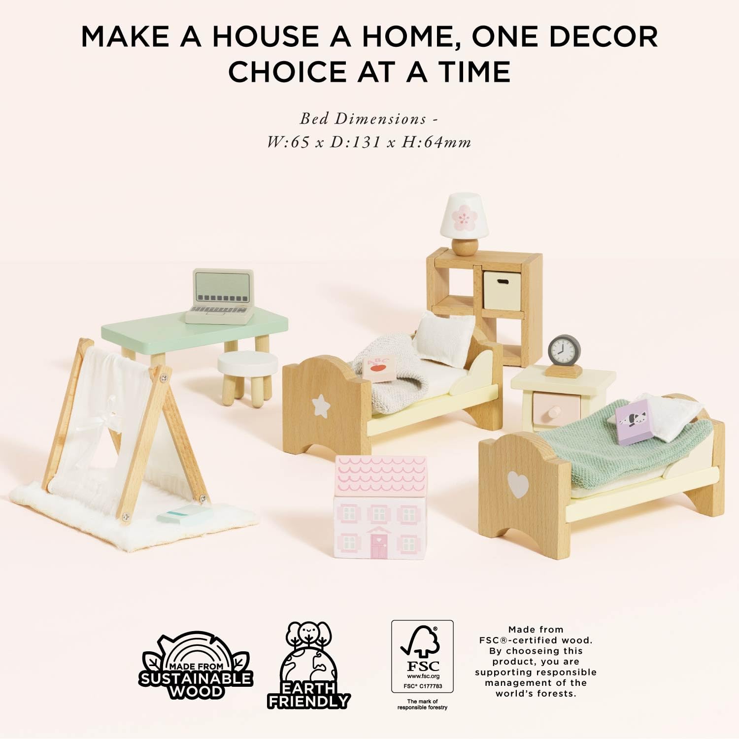 Le Toy Van - SugarPlum Wooden Bedroom Set | Dolls House Accessories Play Set For Dolls Houses | Girls and Boys Doll House Furniture Sets - Suitable