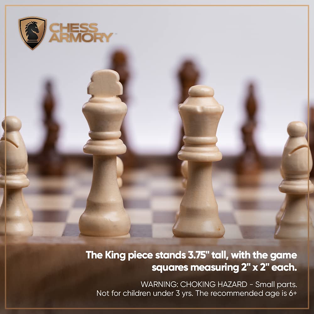 Chess Armory Wooden Chess Set - 17-Inch Large Chess Board with Felted Storage Box, Extra Queens & Handcrafted Staunton Pieces