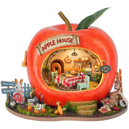 IiecrKiie DIY Miniature Dollhouse Set with Furniture and LED Lighting, Creative Room Handicraft Gift (Apple House)