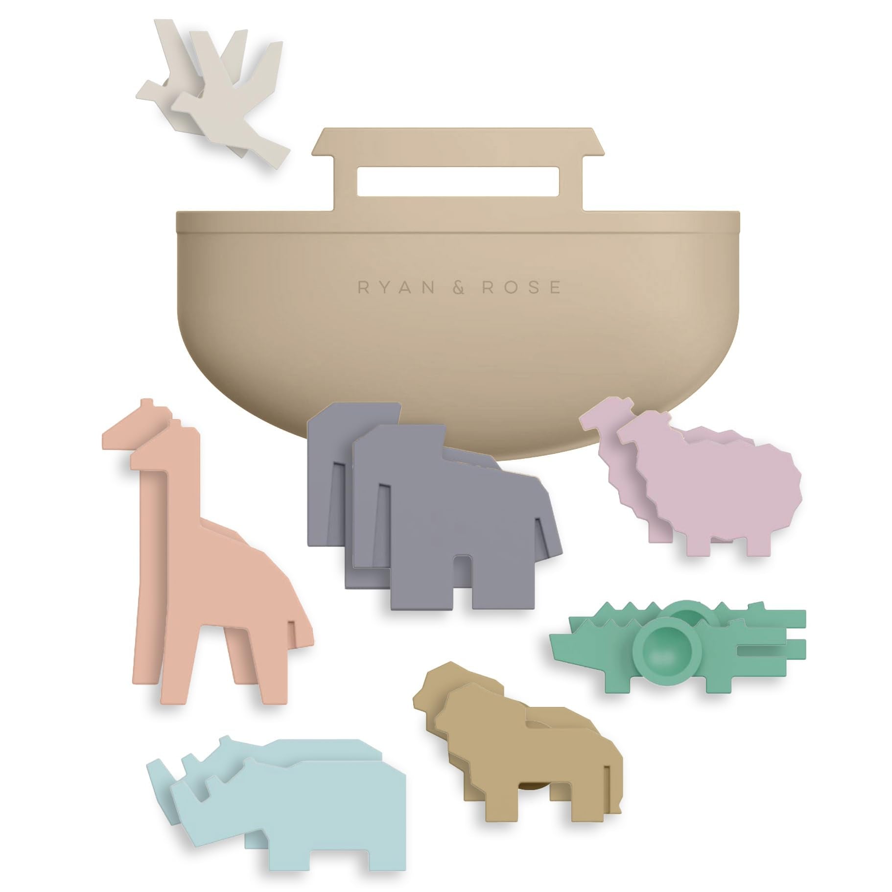 Noah's Ark Suction Toys - 1 Ark, 14 Animals (7 Pairs) - Toddler Bath Toys, Baptism Gifts for Boys, Mold Free No Hole Silicone