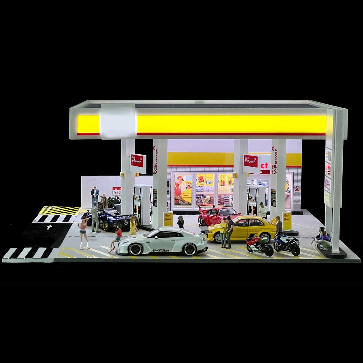 Heligotech 1/64 Scale Gas Station Scene Model, DIY Building Diorama Model Station Building Sets with LED Lights, Creative (Cars & Figures not