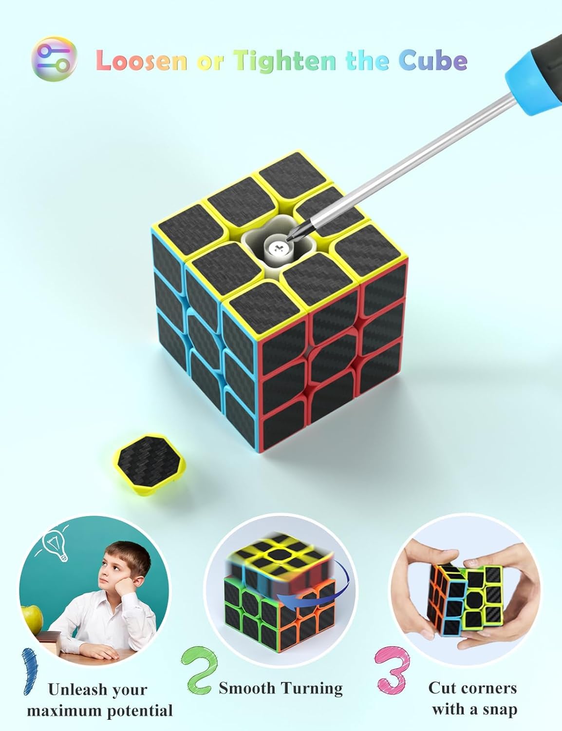 Roxenda Speed Cube Set, Speed Cube Bundle of 2x2 3x3 4x4 and Pyramid Cube Smoothly Magic Cubes Collection for Kids Teens & Adults [4 Pack] (Carbon