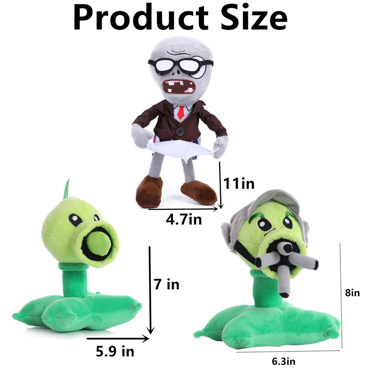 JHESAO 3 PCS Plants and Zombies Plush Plants Sets Zombies Toy Pea, 1 2 Stuffed Soft Gatling Pea Doll, Newspaper Zombie PVZ Plush Figure Doll New