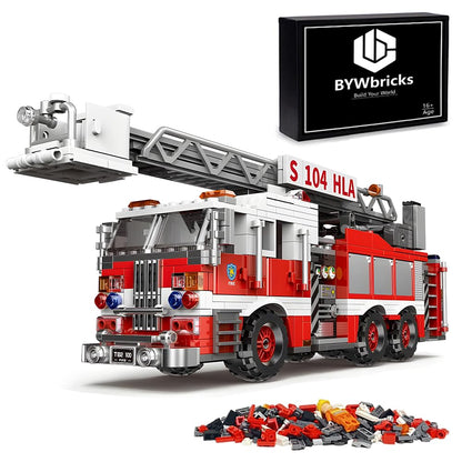 BYWbricks City Ladder Fire Truck Building Blocks Set (711 pcs) Toy Station Firetruck Bricks Collectible Fire Engine Building Kit Model Gift for Boys