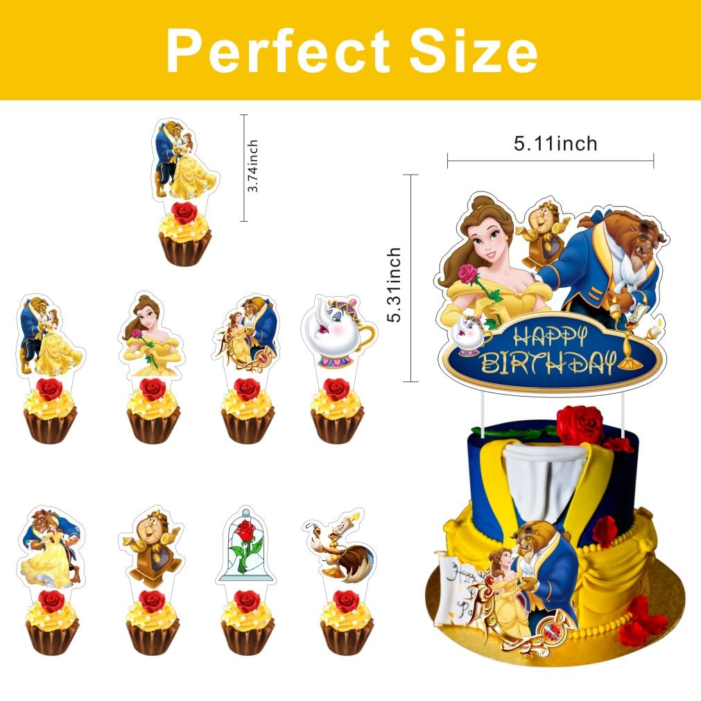 25Pcs Beauty & Beast Cake Decorations with 24pcs Cupcake Toppers 1pcs Cake Topper for Girls Birthday Party Supplies