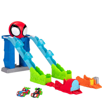 Marvel Spidey and His Amazing Friends Spidey’s Mega Jump HQ Track - 39-Inch Dual Race Track with Elevator, Control Center, Web Tunnels and Two