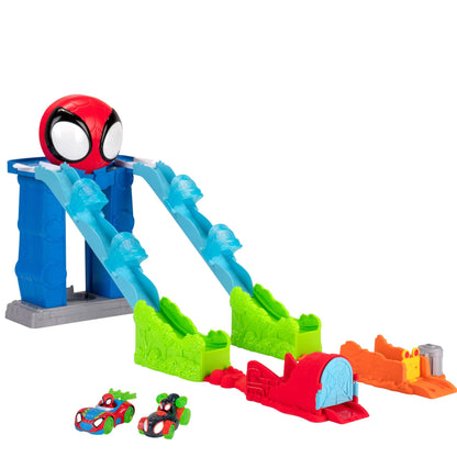 Marvel Spidey and His Amazing Friends Spidey’s Mega Jump HQ Track - 39-Inch Dual Race Track with Elevator, Control Center, Web Tunnels and Two