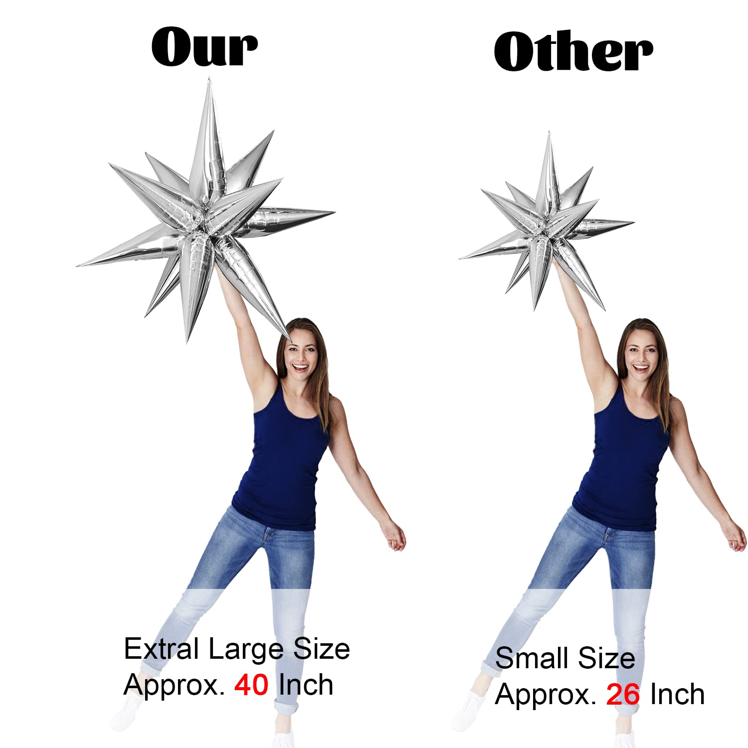 Maylai 50 PCS 40'' Large Silver Star Balloons Big Metallic Explosion Star Foil Balloons 12 Point Star Balloons Cone Mylar Balloons Spike Balloons