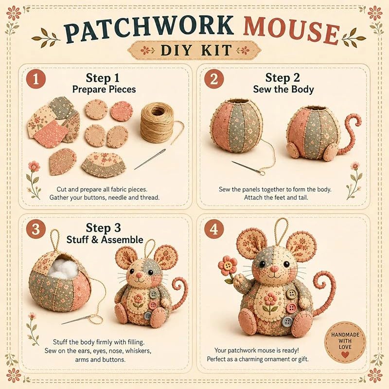 WEERSHUN Handcrafted Vintage Mouse Plush Sewing Kit, Handmade Craft Set, Cute Stuffed Mouse Ornament for Beginners Holiday & Birthday Gift, Fun Felt