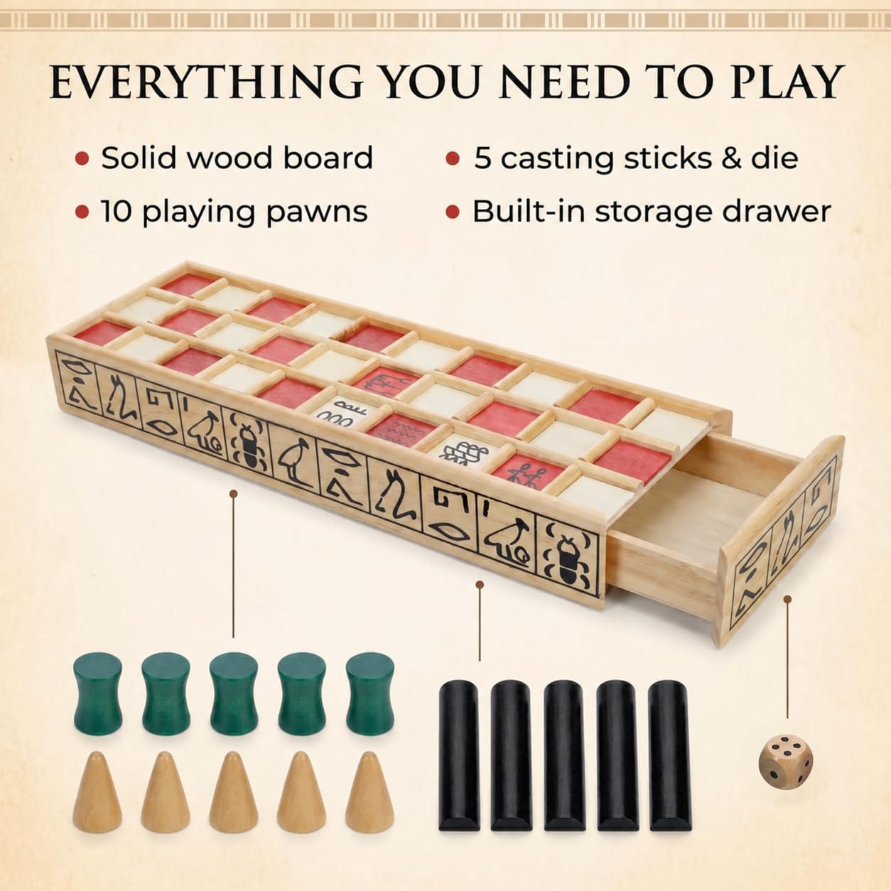 WE Games Senet Egyptian Board Game - Handcrafted Solid Wood Senet Set for Historical Education, Cultural Appreciation & Strategy - Ancient Game