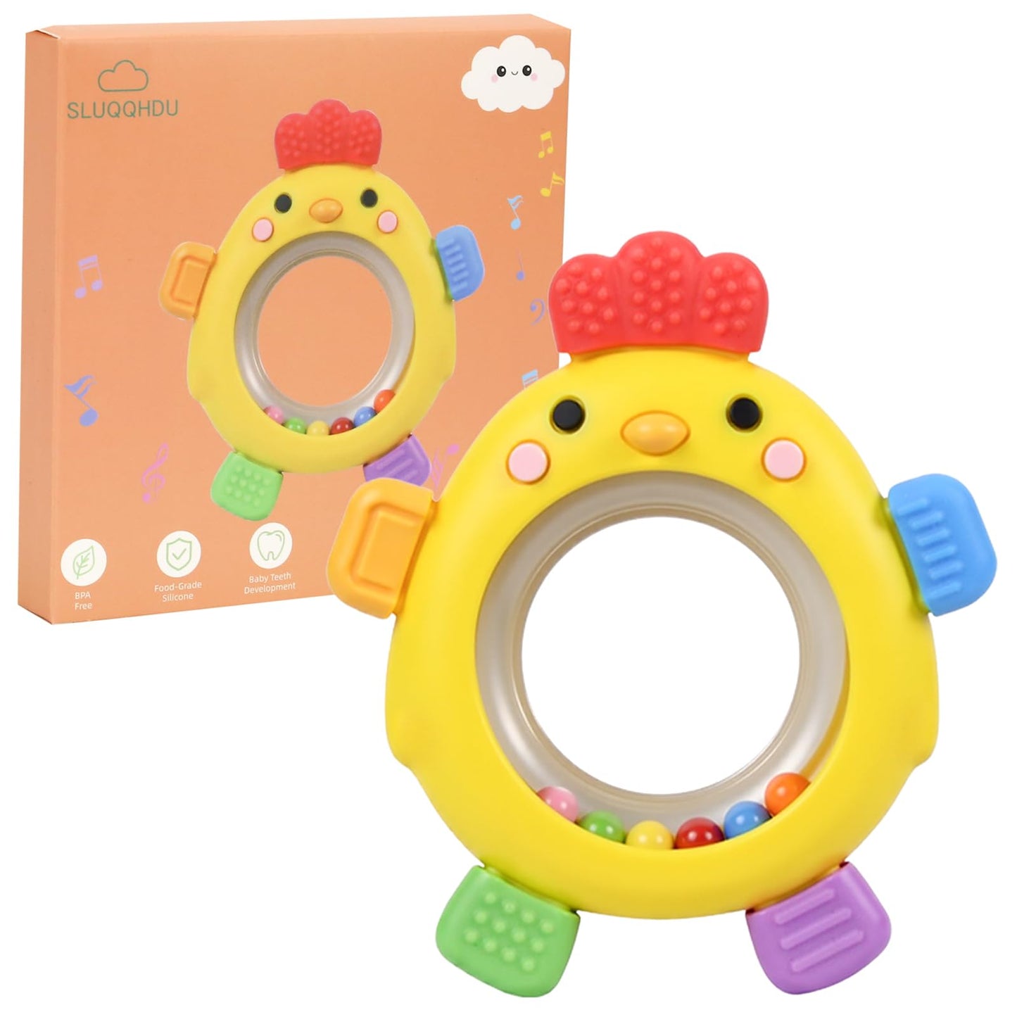 Baby Teether Rattle Toy,Babies Teething Rings Toys for 0-6 6-12 Months,Chicken Shape Textured Silicone Chew Toy for Gum Relief,Silicone Teether,BPA