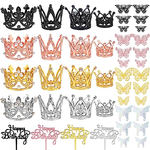 44 PCS Grown Cake Decorations 16 PCS Mini Crowns with 24 PCS Butterfly Wall Decors and 4 PCS Birthday Insert Cards for Women Girl Crown Birthday Party