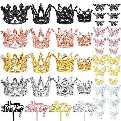 44 PCS Grown Cake Decorations 16 PCS Mini Crowns with 24 PCS Butterfly Wall Decors and 4 PCS Birthday Insert Cards for Women Girl Crown Birthday Party