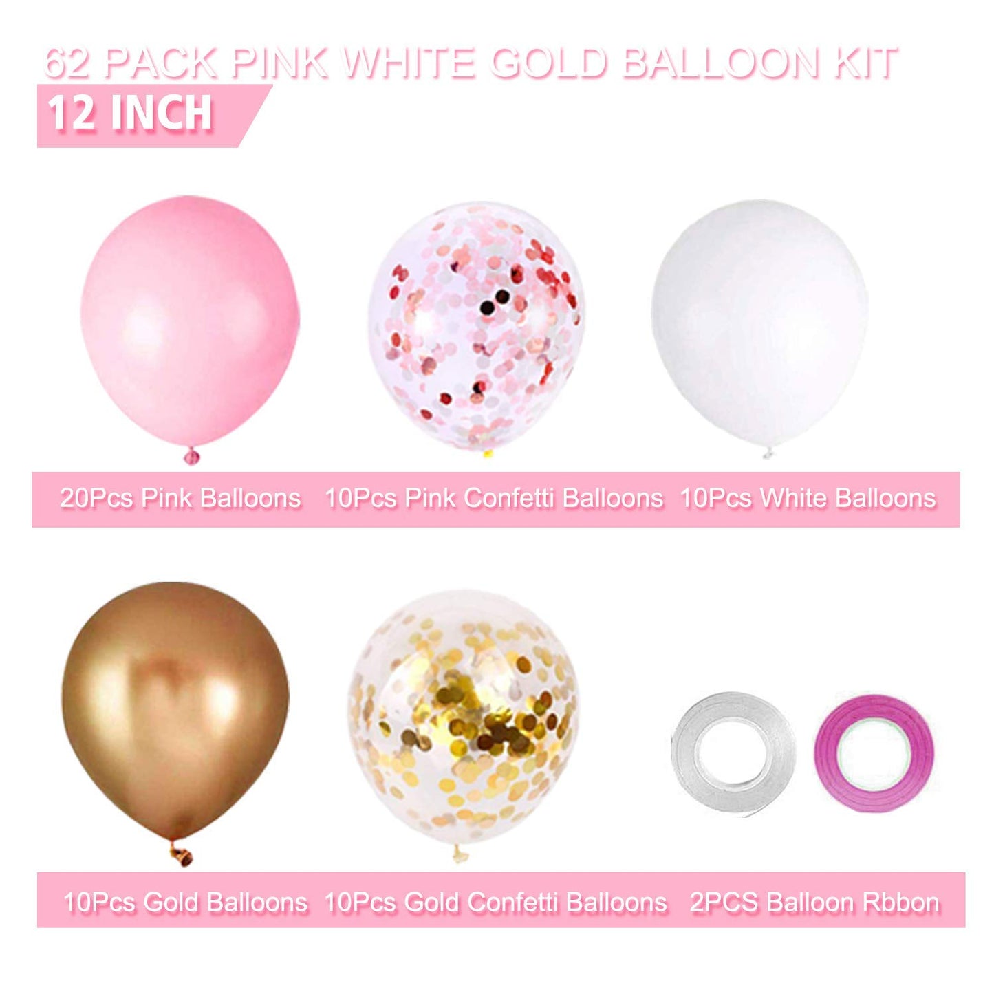 OuMuaMua 60Pcs Pink Gold Confetti Latex Balloons Kit, 12 Inch Pink White Gold Helium Mother's Day Balloons Party Supplies for Confession Proposal