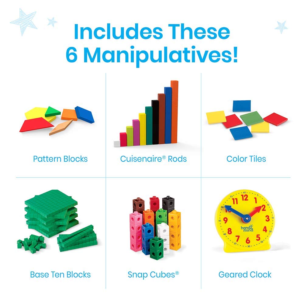hand2mind-93538 Take Home Math Manipulatives Kit for Kids Grade K-2, with Snap Cubes, Base Ten Blocks, Cuisenaire Rods, Pattern Blocks, Color Tiles
