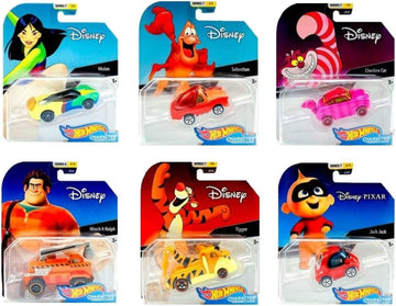 Hot Wheels Set of 6 Disney/Pixar Character Cars, Series 7, 1/64 Collectible Die Cast Toy Cars, with Mulan, Sebastian, Cheshire Cat, Wreck-It Ralph