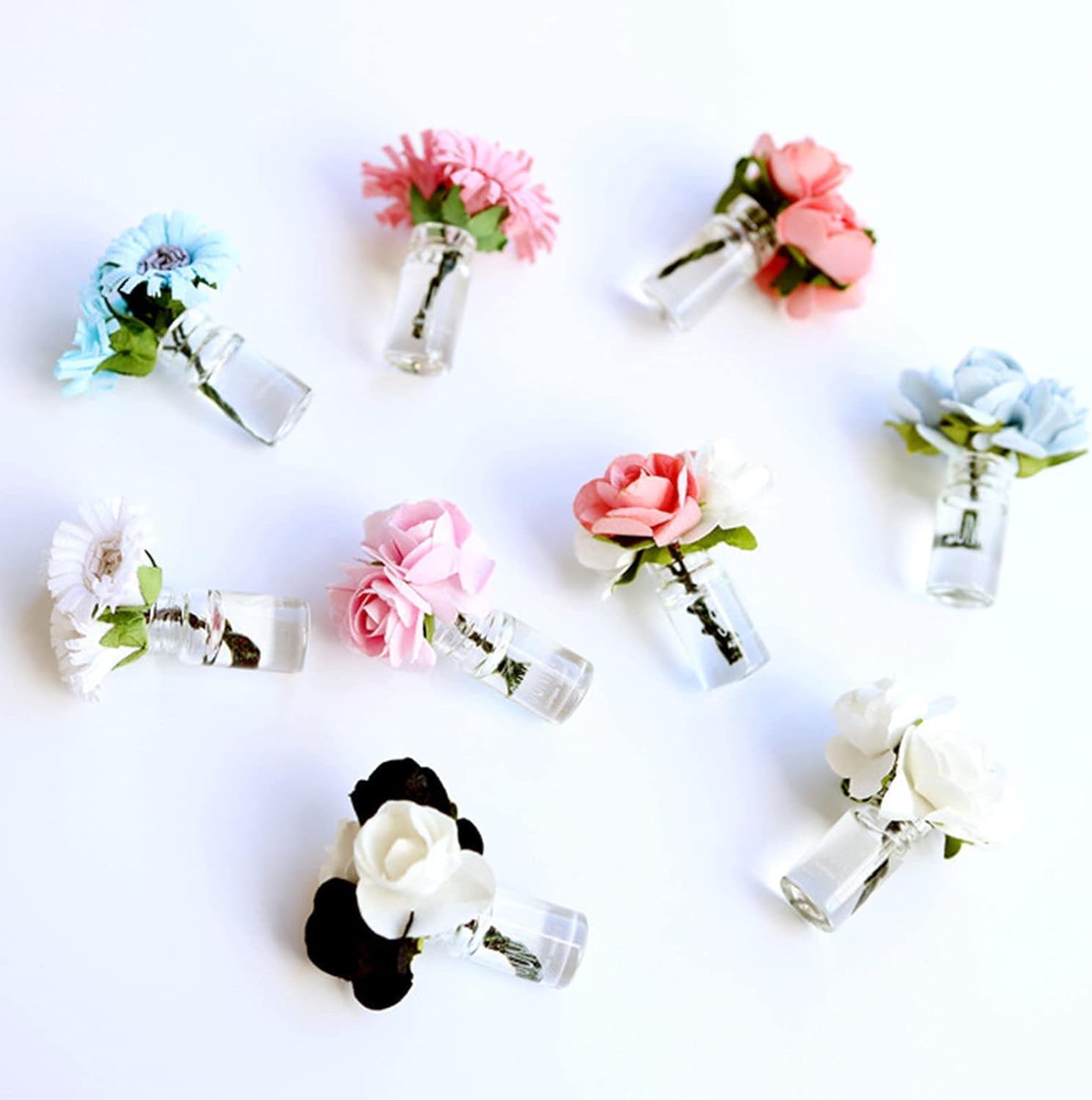 Miniature Pink Rose Flower Glass Vases - Handmade Resin Bottles for 1:12 Scale Dollhouse Scenes, Micro Landscape Decorations, Fairy Garden