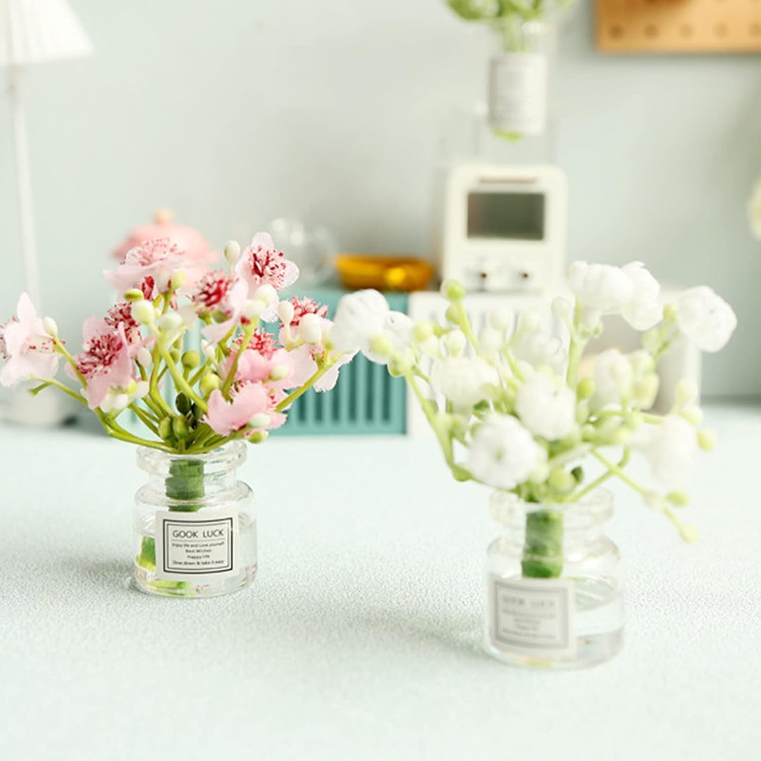 Realistic Miniature Flower Arrangements in Vase Set,1:6 Scale Dollhouse Accessories with Lifelike Details for Fairy Garden, Train Platform and Micro
