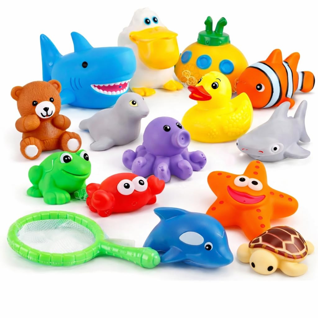15 PCS Ocean Animals Rubber Bath Toy Water Squirters with Floating Bathtub Squeeze and Play Soft Sea Creatures anf Fishing Net for Baby, Toddlers