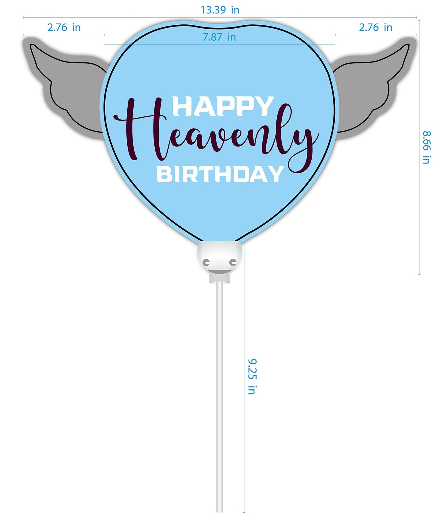 Happy Heavenly Birthday Balloon on a Stick Blue Heart with Angel Wings, Memorial Grave Decoration, in Loving Memory, Cemetery Remembrance Gift