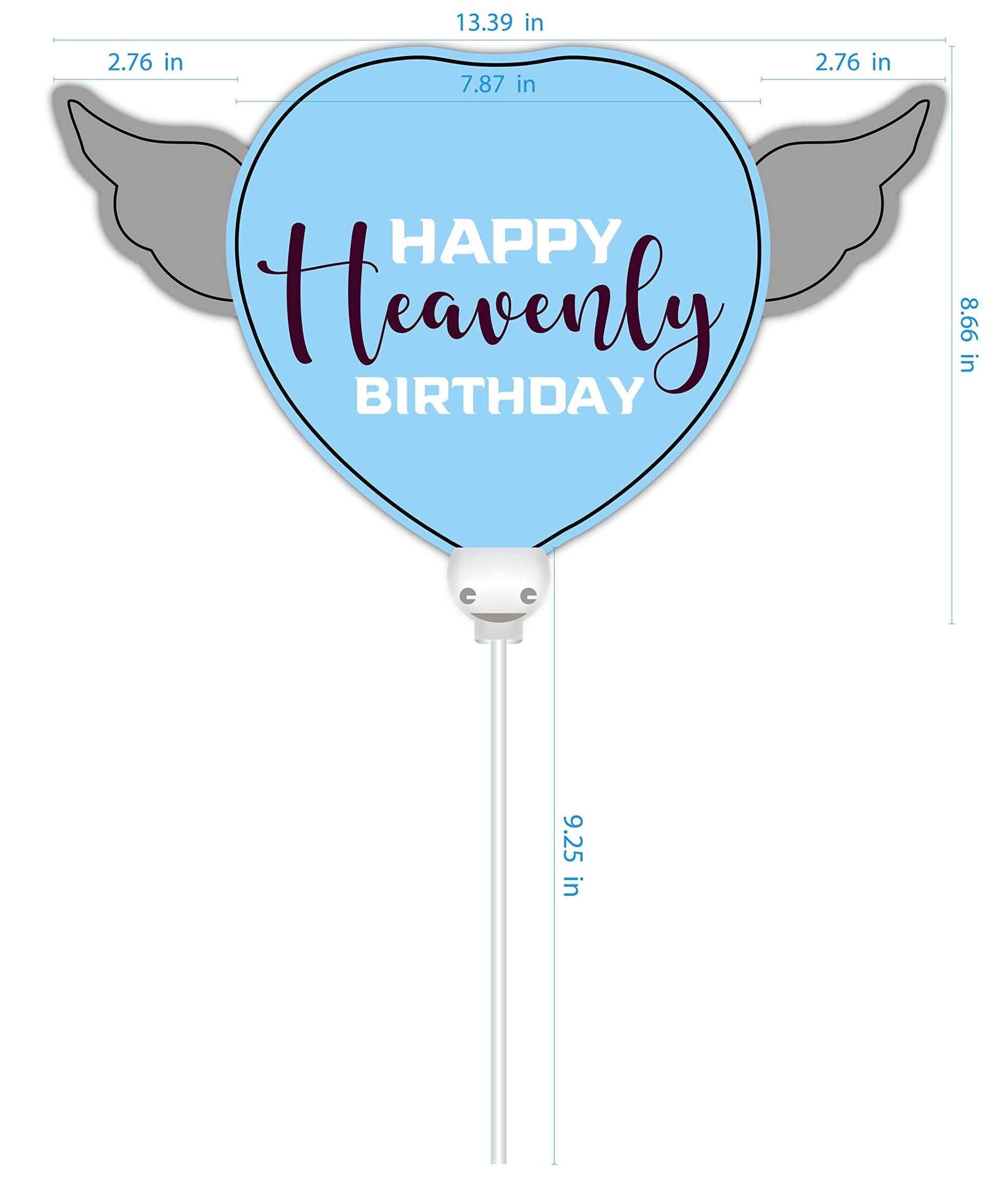Happy Heavenly Birthday Balloon on a Stick Blue Heart with Angel Wings, Memorial Grave Decoration, in Loving Memory, Cemetery Remembrance Gift