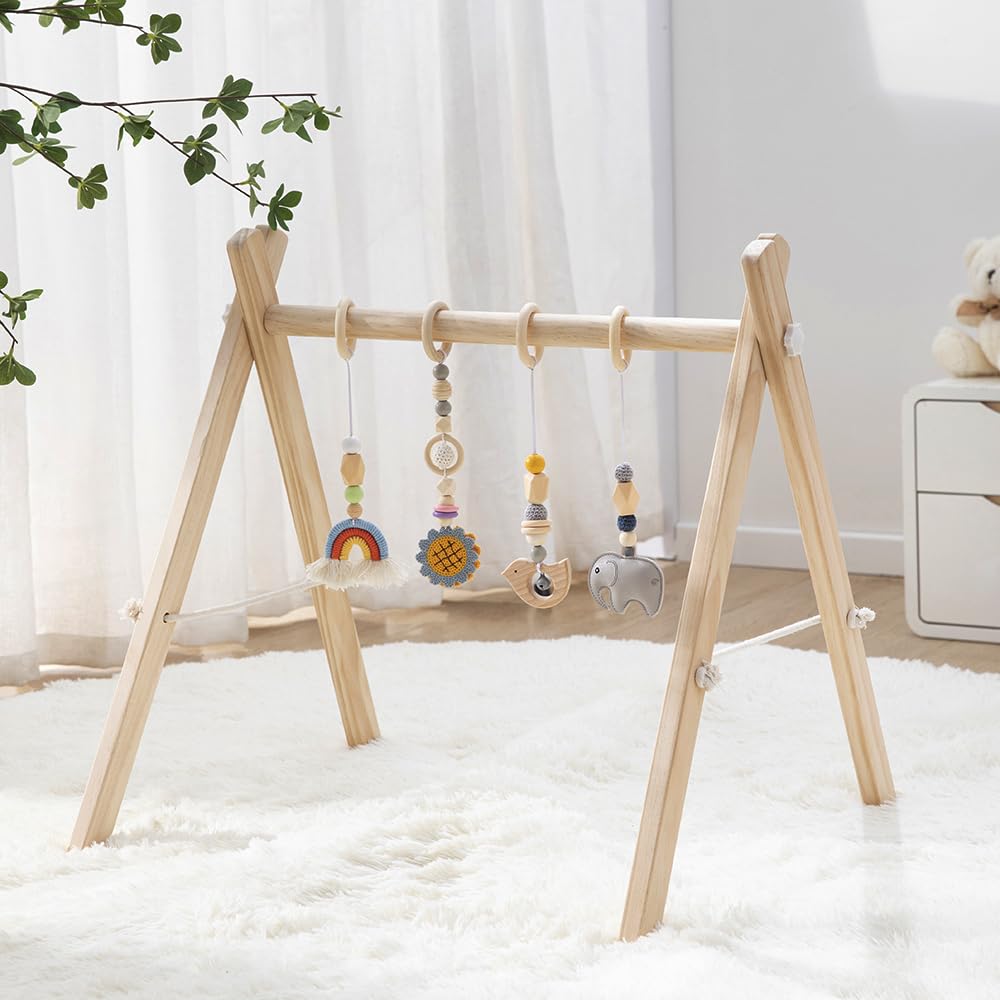 Toyking Foldable Wooden Baby Play Gym with 4 Sensory Hanging Toys, Montessori Infant Activity Frame for 0-12 Months
